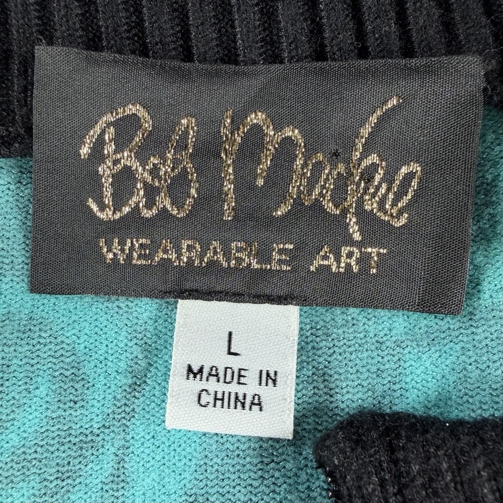 Bob Mackie Wearable Art Cardigan‎ Womens Large Black Teal Floral Zip Sweater - Picture 2 of 6